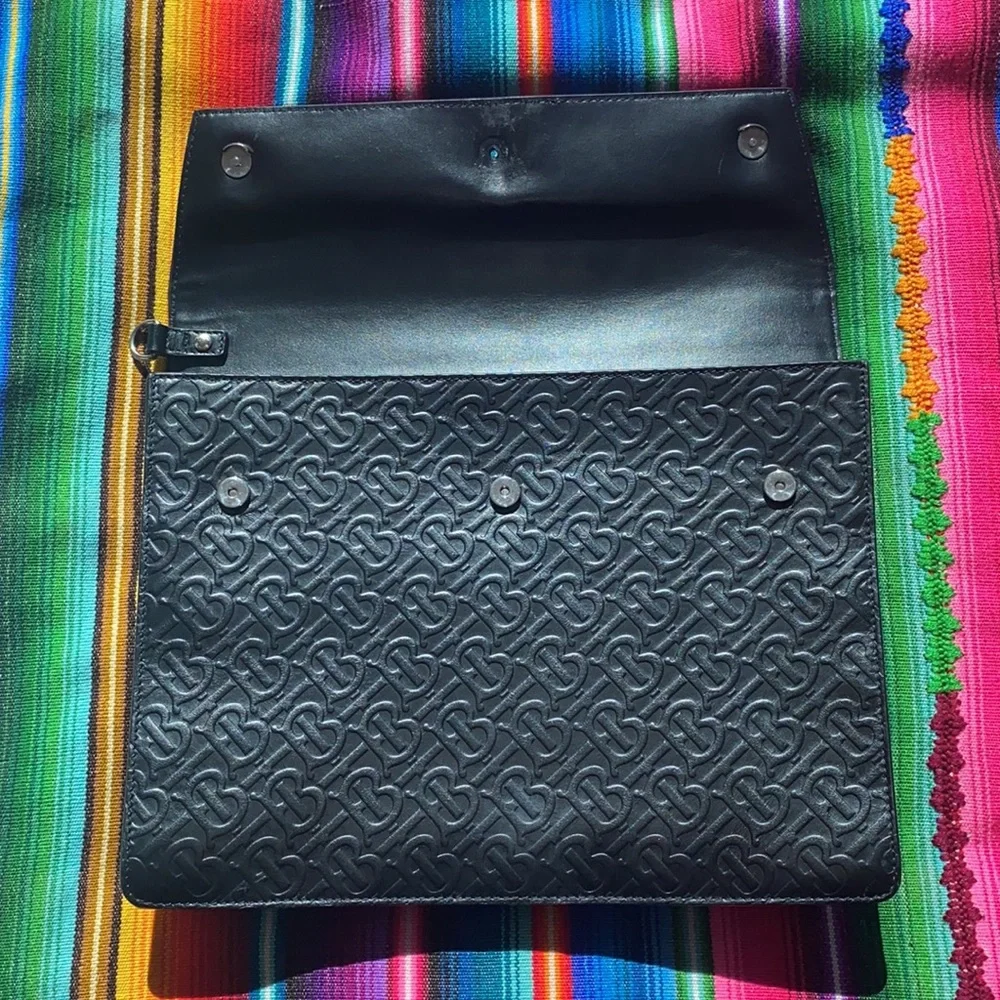 Burberry Black Embossed Monogram Leather Clutch Computer Bag